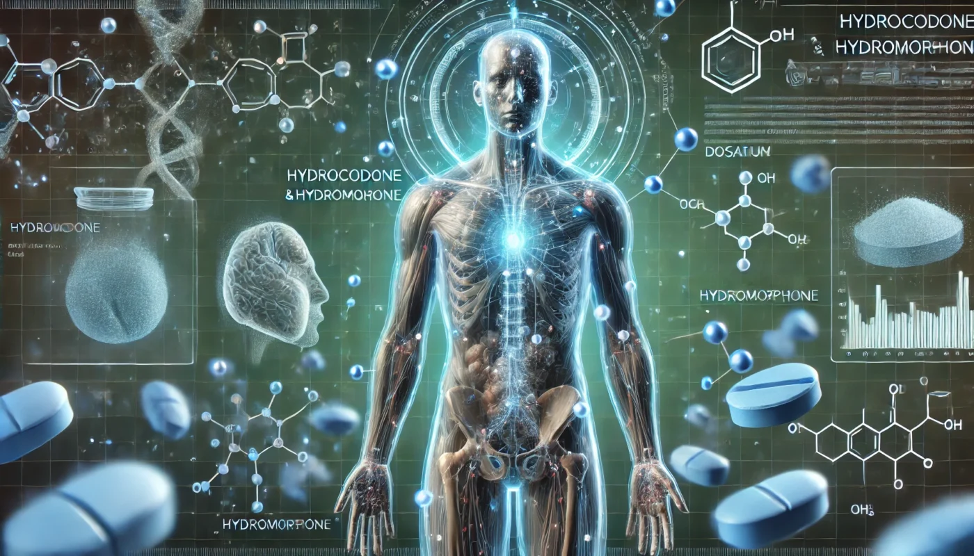 A futuristic medical concept illustrating Hydrocodone and Hydromorphone effects on the human body. A transparent human figure with highlighted pain areas is surrounded by floating opioid pill visuals and molecular structures. The background features a digital medical interface showing dosage control and pain relief impact.