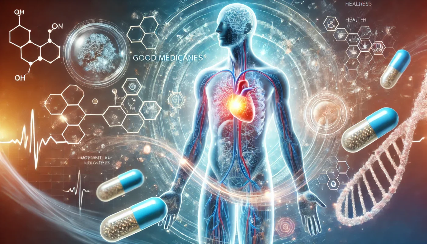  A conceptual medical illustration of a transparent human figure with glowing organs and energy waves flowing through the body, surrounded by floating capsules and molecular symbols. The abstract wellness-themed background represents healing and well-being.