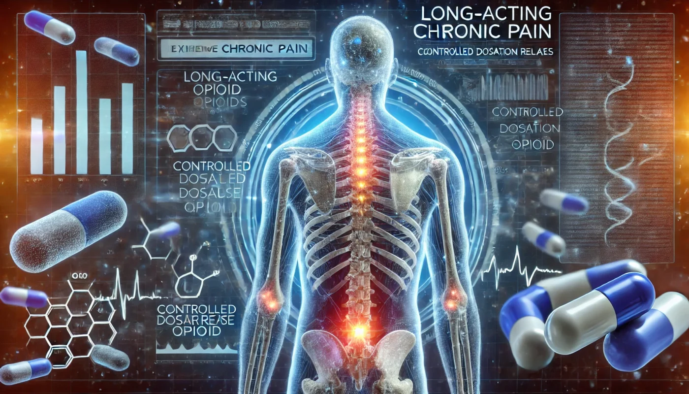 A transparent human figure with highlighted pain areas in the spine and joints is surrounded by floating extended-release opioid molecules. The background features a digital medical interface showing controlled dosage release and pain relief progression.