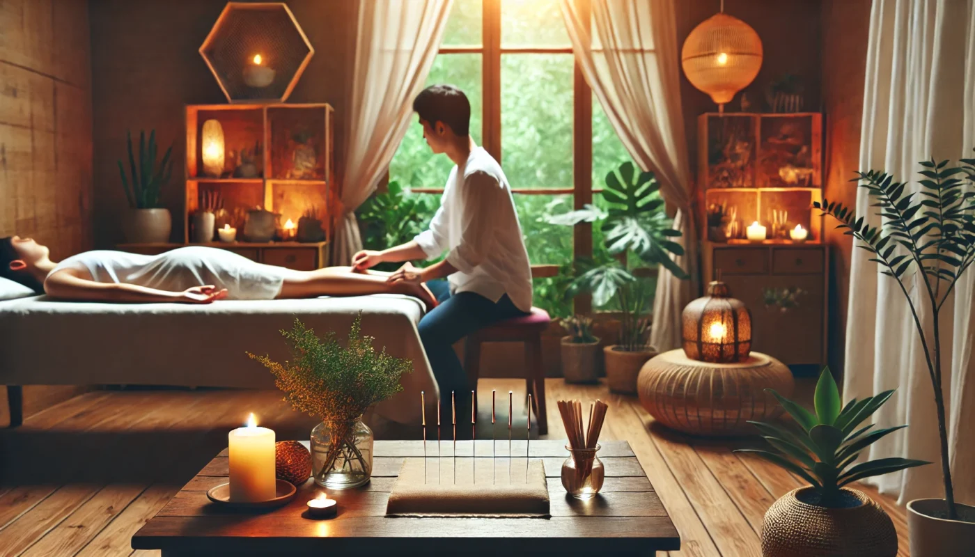 A peaceful wellness environment where a person receives acupuncture treatment for pain relief. The tranquil setting includes soft lighting, natural wooden furniture, and plants, emphasizing traditional medicine as an alternative to opioid-based treatments.