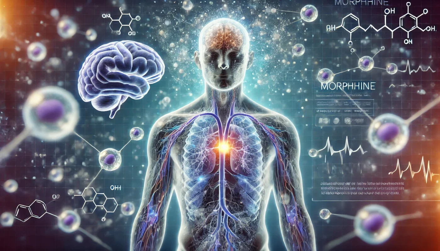 A transparent human figure with highlighted neural pathways and pain receptors, surrounded by floating morphine molecules. The background features a digital medical interface showing how morphine interacts with the nervous system.