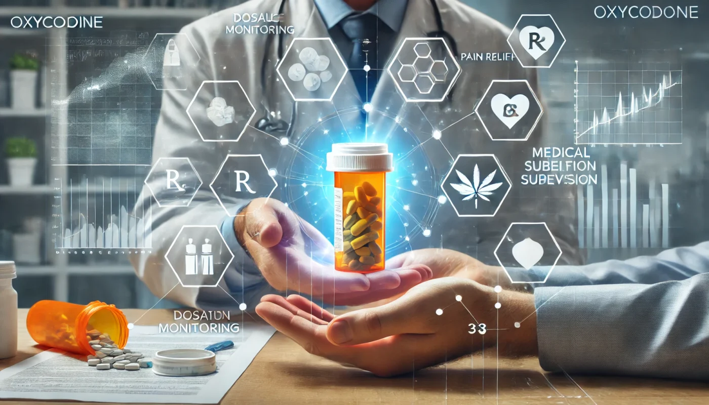 A clinical setting where a doctor hands a patient a prescription bottle of oxycodone. Floating digital charts display dosage monitoring, pain relief tracking, and medical supervision, symbolizing responsible opioid use in pain management.