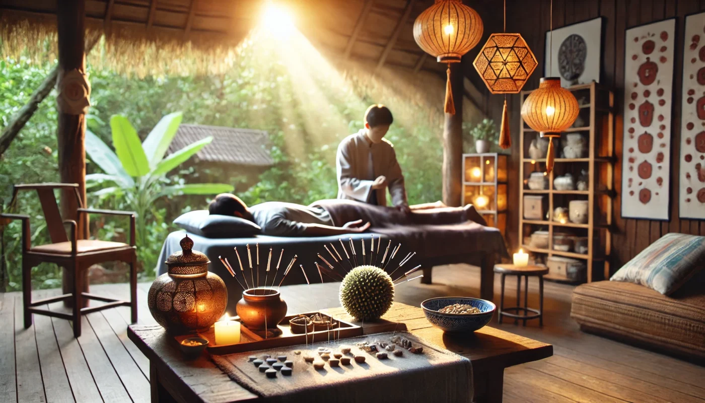 A person receiving acupuncture therapy for chronic pain management in a tranquil setting with soft lighting and natural wooden furniture. The image represents traditional medicine as an alternative to morphine-based treatments.