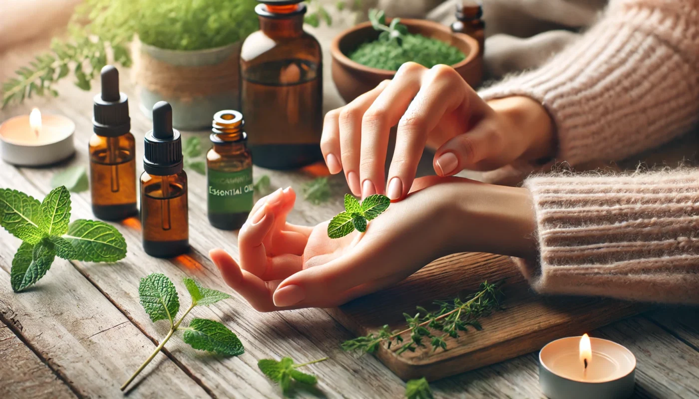 A person gently applies peppermint and eucalyptus essential oil to their wrist, with small glass bottles of oils and fresh herbs in the background. The scene is softly lit with natural tones, emphasizing self-care and natural healing methods.