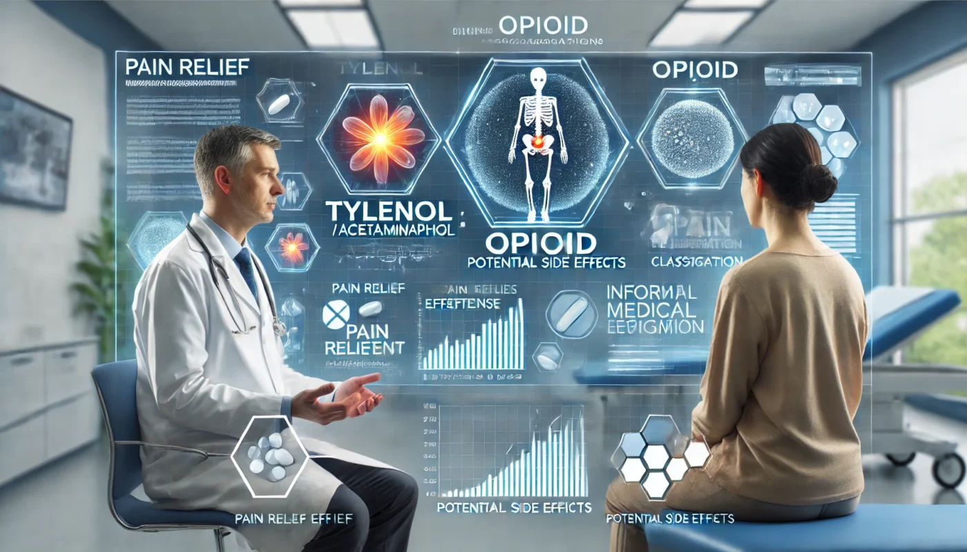 A clinical setting where a doctor explains the difference between Tylenol (acetaminophen) and opioid medications to a patient. Floating digital charts display pain relief effectiveness, potential side effects, and classification, symbolizing informed pain management decisions.