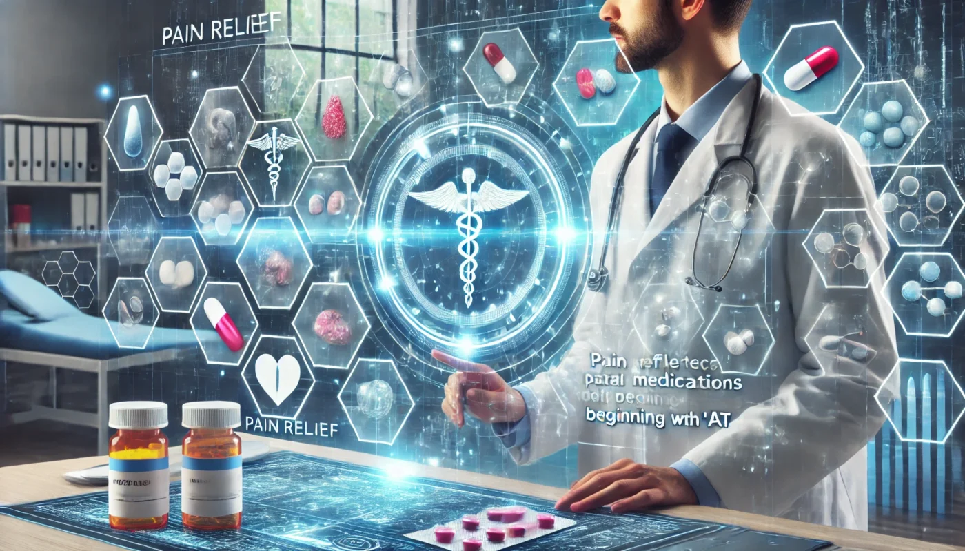 A modern clinical setting where a doctor discusses pain relief options with a patient. The doctor holds a holographic display showing different medications, while the background features a professional medical consultation room. The scene symbolizes responsible pain management and informed treatment choices.