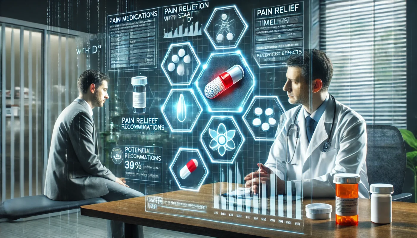 A clinical setting where a doctor discusses pain medications that start with D with a patient. Floating digital charts display dosage recommendations, pain relief timelines, and potential side effects. The background features a professional medical consultation room, symbolizing responsible medication use and informed treatment planning.