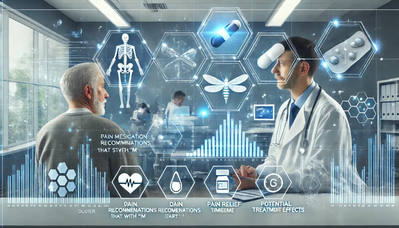 A clinical setting where a doctor discusses pain medications that start with M with a patient. Floating digital charts display dosage recommendations, pain relief timelines, and potential side effects. The background features a professional medical consultation room, symbolizing responsible medication use and informed treatment planning