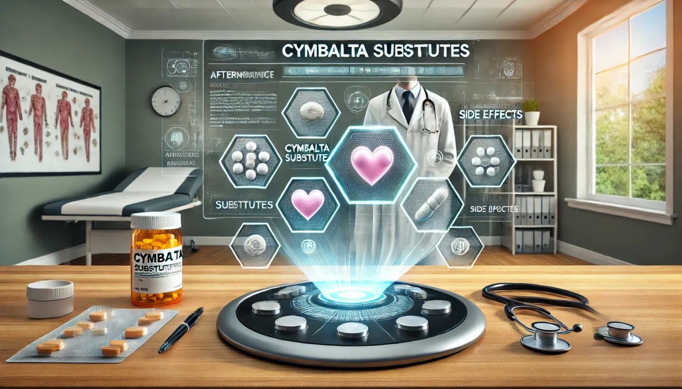  A clinical setting where a doctor is reviewing alternative medication options for a patient. A floating digital screen displays Cymbalta substitutes, comparing their effectiveness and potential side effects. The background features a professional consultation room, symbolizing informed medical decision-making.