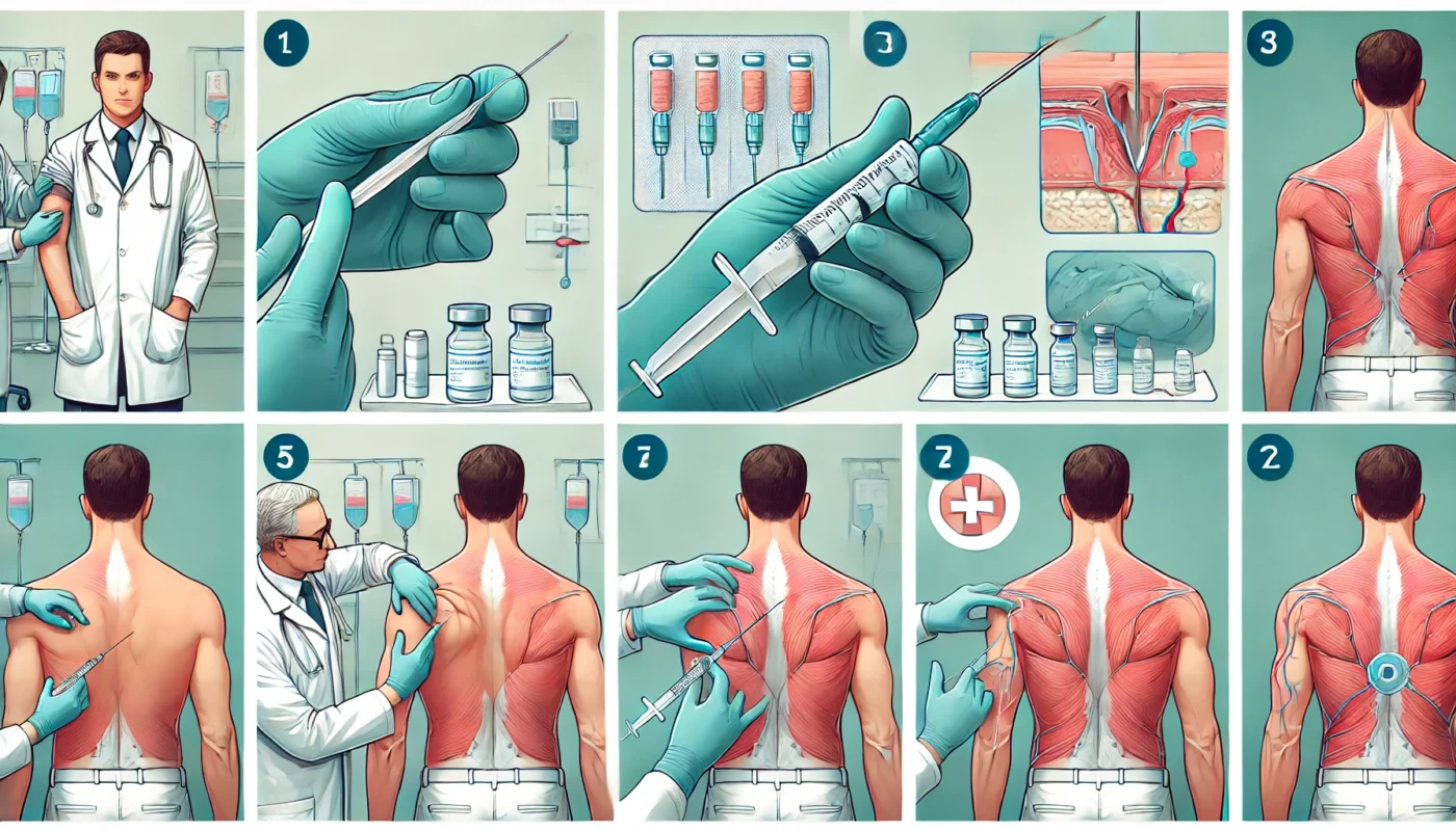 A sequence of images illustrating the correct preparation, needle positioning, and administration technique for intramuscular pain medication. The background features a clean and sterile medical environment, symbolizing best practices in medication delivery.

