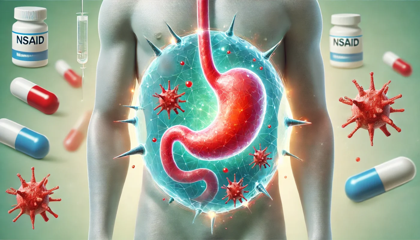  A stylized stomach wrapped in a glowing, translucent shield, blocking red, spiky irritants symbolizing NSAID-induced stomach irritation. The background features soft medical elements and pill imagery.