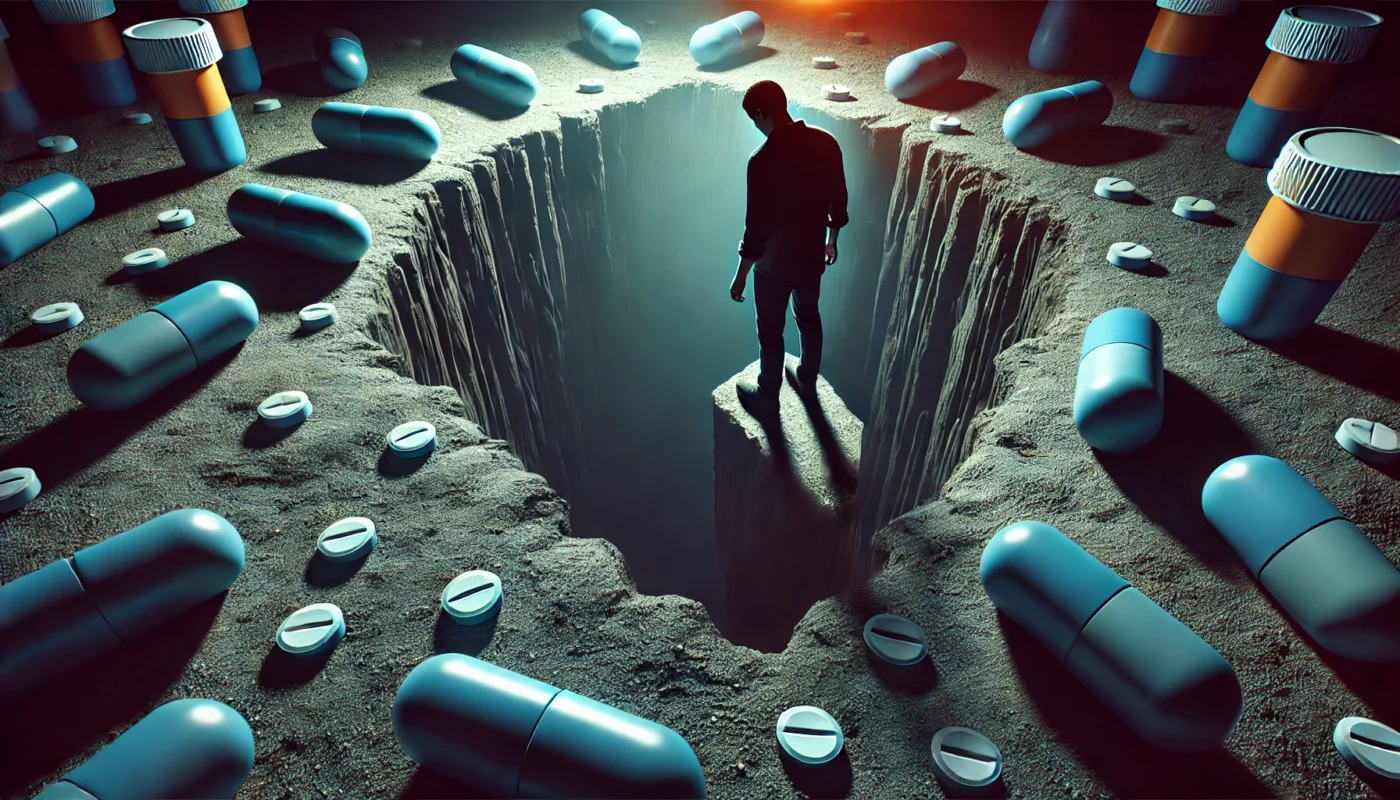  A person standing at the edge of a dark abyss filled with pills, hesitating before stepping forward. The dramatic contrast between the darkness and dim light symbolizes the struggle of opioid addiction and the possibility of recovery.