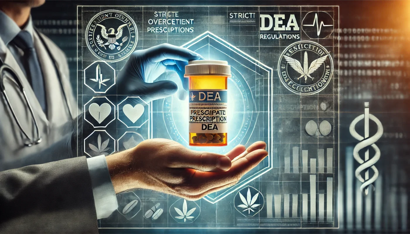 A doctor's hand passing a prescription bottle through a reinforced glass window, symbolizing restricted access and strict DEA regulations. The background blends medical and law enforcement symbols, reinforcing regulatory compliance.