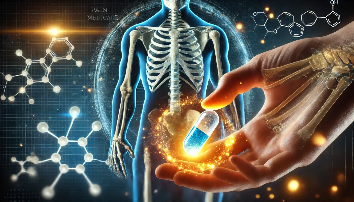  A human hand holding a glowing transparent pill, with a faint skeleton outline in the background. The glow effect around the bones represents targeted pain relief, with abstract molecular structures reinforcing the pharmaceutical theme.

