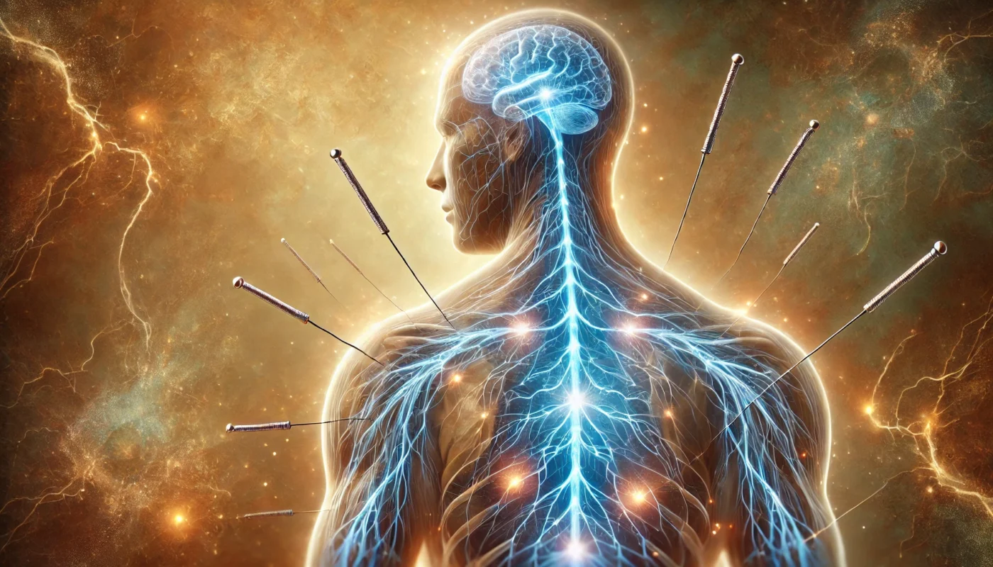 A semi-transparent human figure with highlighted neural pathways in glowing blue, with acupuncture needles placed along the meridians. Soft waves of energy radiate from the needle points, symbolizing nerve pain relief.