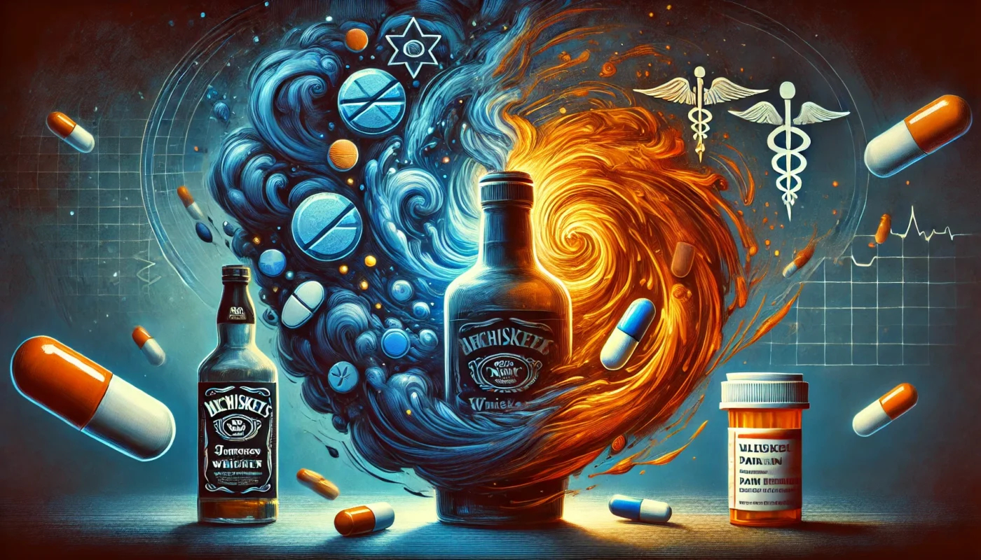 A whiskey bottle and a prescription pill bottle merging into a swirling toxic cloud, symbolizing the dangerous interaction between alcohol and pain medication. The dark tones and fiery orange accents highlight the risk of harmful drug interactions.