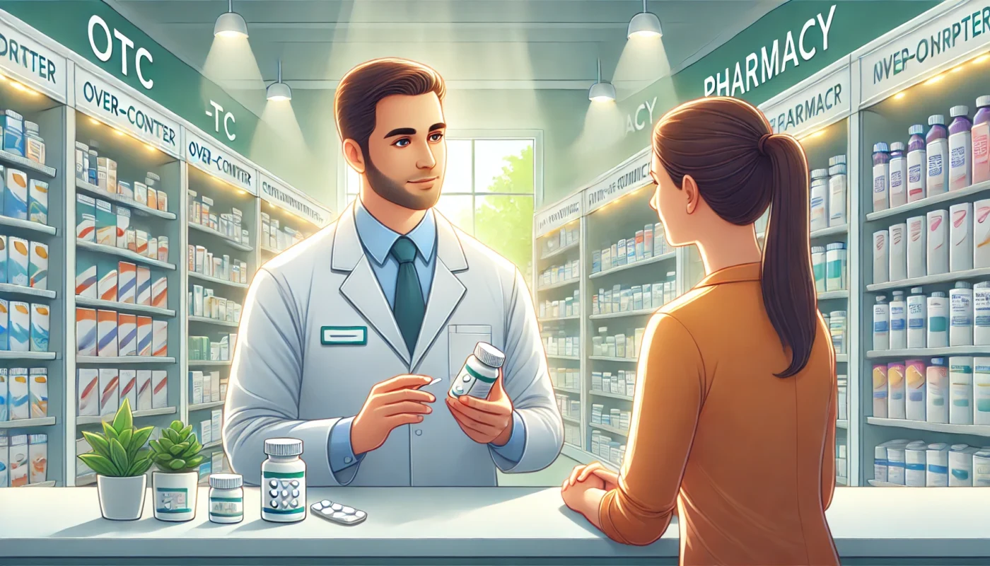 A pharmacist explaining an OTC medication to a customer in a modern pharmacy. The pharmacist holds a pill bottle while the customer listens attentively, with shelves stocked with various medicines in the background, reinforcing trust and guidance.