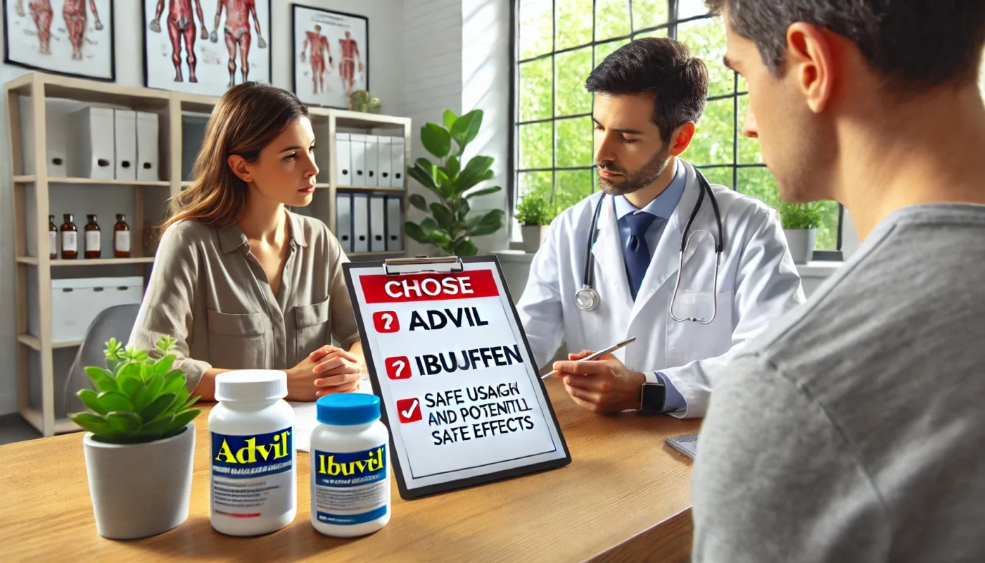 A modern doctor's office where a healthcare professional is consulting a patient about choosing between Advil and ibuprofen. The doctor is explaining safe usage and potential side effects, emphasizing the importance of medical guidance in selecting the right pain relief medication.