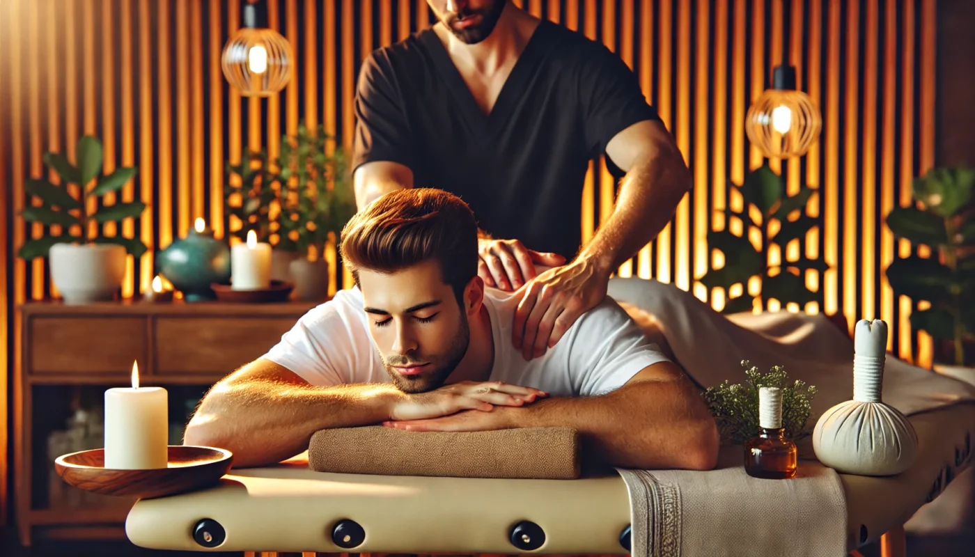  A therapeutic massage session for nerve pain relief, featuring a professional therapist using specialized techniques in a tranquil wellness center with warm lighting.