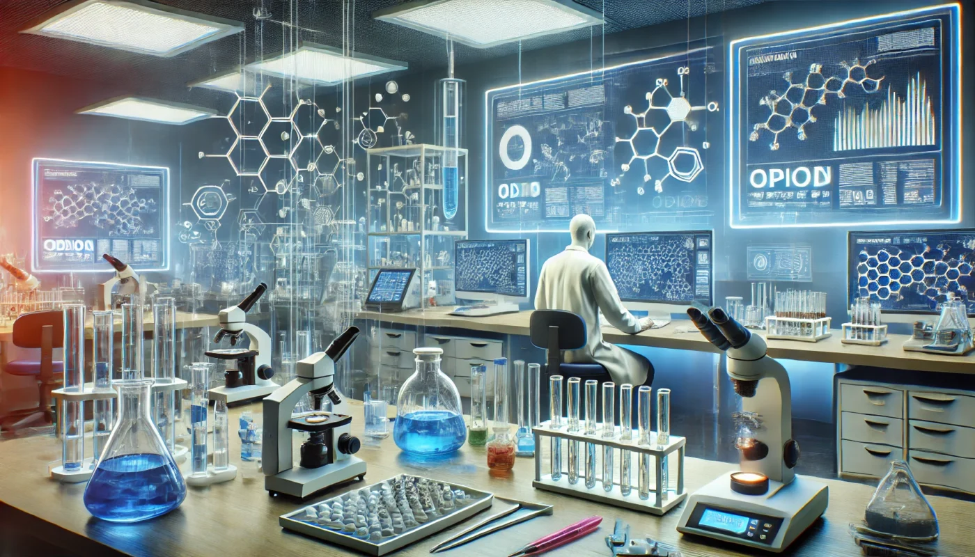 A high-tech pharmaceutical laboratory where researchers are testing different opioid formulations.