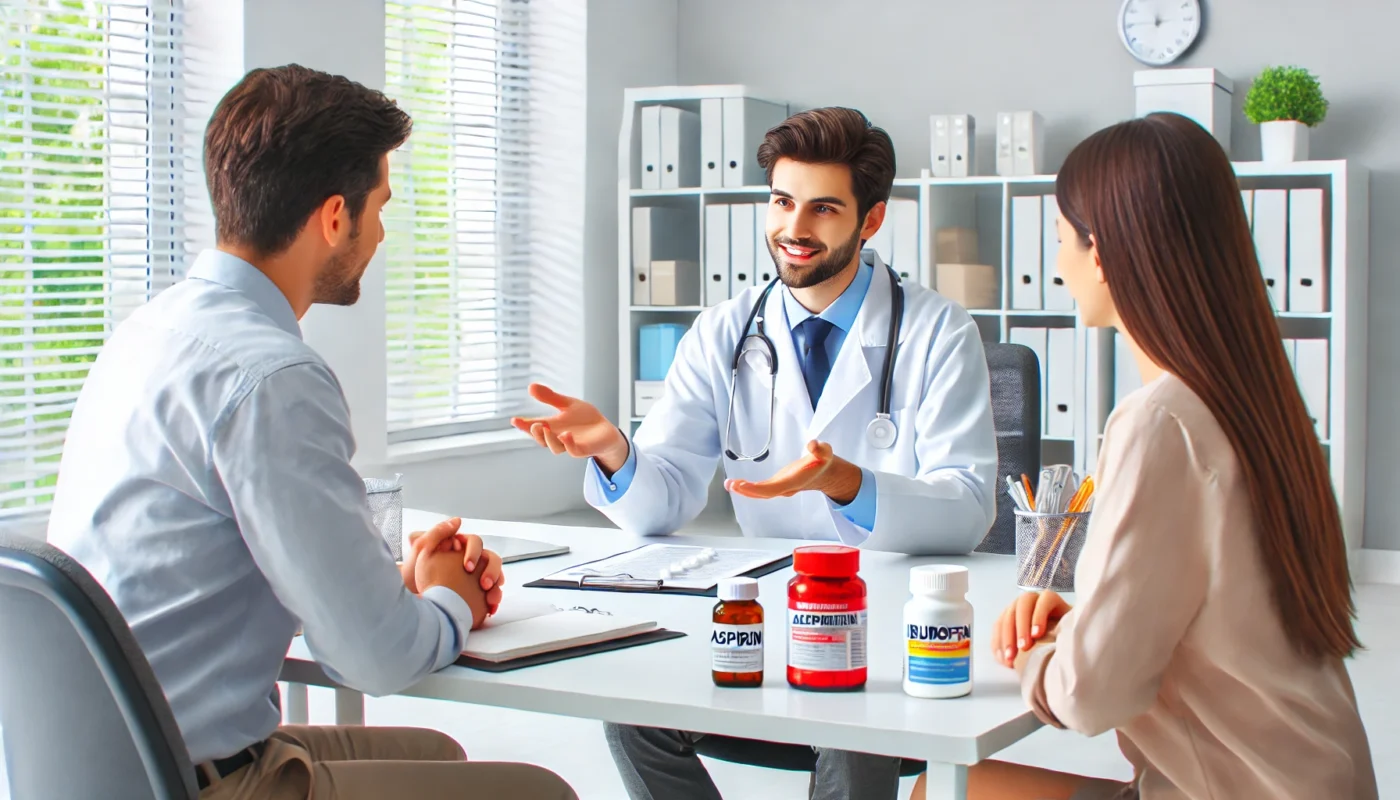 A doctor in a medical office explaining the differences between aspirin, acetaminophen, and ibuprofen to a patient in a professional consultation setting.