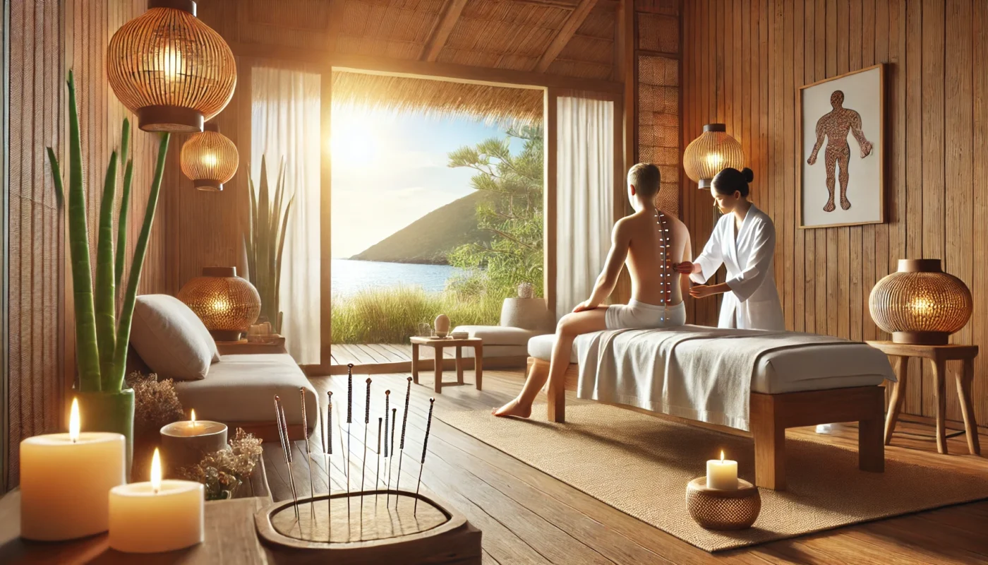 A serene wellness retreat featuring a person receiving acupuncture therapy in a calming environment, symbolizing long-term pain relief. The setting includes natural wood elements, soft lighting, and a peaceful outdoor view, promoting relaxation and holistic healing.