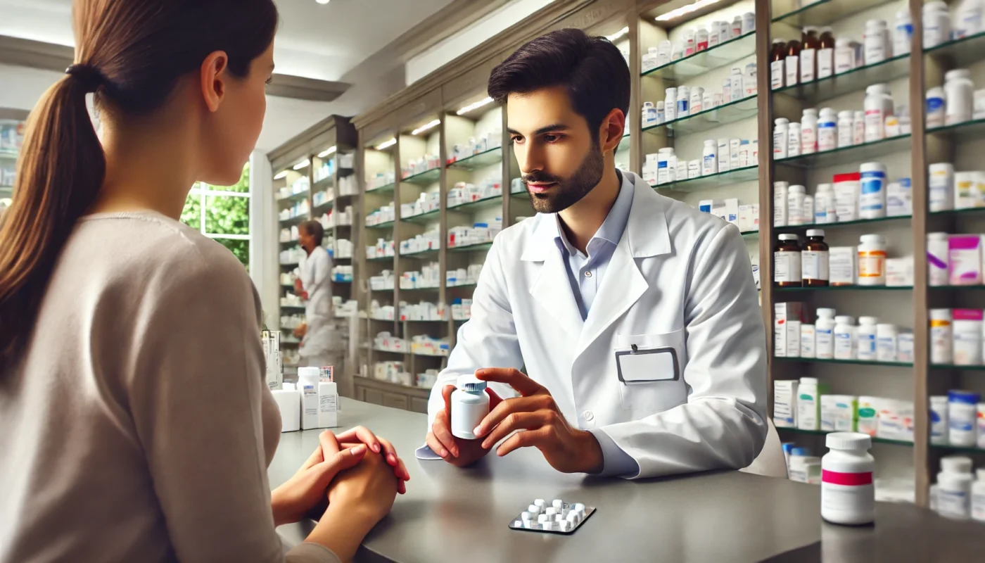 A modern pharmacy setting where a pharmacist is carefully explaining medication safety to a patient. The pharmacist holds a prescription bottle while the patient listens attentively. The background features organized shelves with various medications, emphasizing a professional healthcare environment. The scene is well-lit and professional, creating a sense of trust and accuracy in medication guidance.