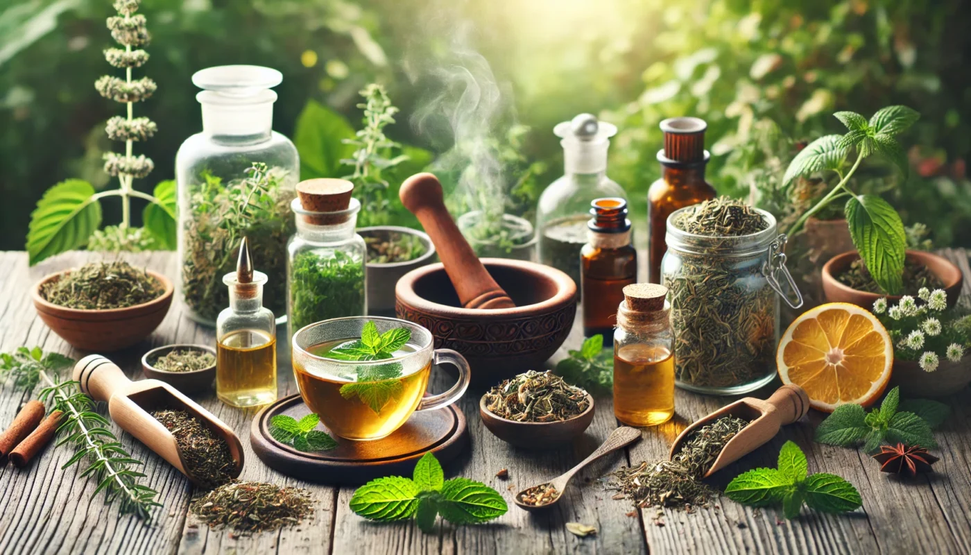 A calming apothecary-style setup with an assortment of herbal remedies for pain relief. The image features neatly arranged glass jars filled with natural herbs such as turmeric, ginger, willow bark, and chamomile on a rustic wooden table. A cup of freshly brewed herbal tea sits beside a mortar and pestle, highlighting the natural alternatives to conventional medicine. Soft natural lighting enhances the peaceful atmosphere.