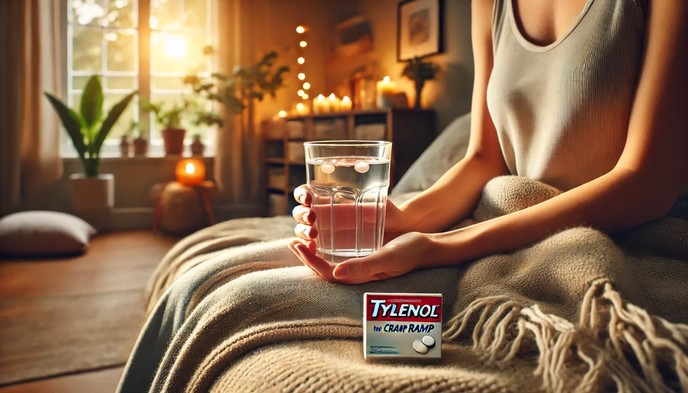  A peaceful home environment where a person is holding a glass of water and a pain relief pill, symbolizing the choice between Tylenol and Ibuprofen for cramp relief. The setting includes soft lighting, a cozy blanket, and a warm, comfortable atmosphere.