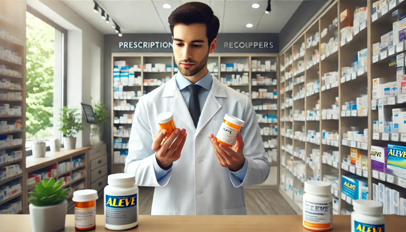 A modern pharmacy setting where a pharmacist is carefully explaining medication options to a patient. The pharmacist is holding two different pill bottles, representing Aleve and muscle relaxers. The background features shelves filled with prescription and over-the-counter medications in a well-lit, clean pharmacy environment.