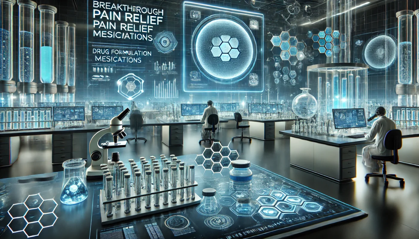  An advanced biotechnology research facility where scientists are testing breakthrough pain relief medications, showcasing modern lab equipment, microscopic drug formulation processes, and high-tech analysis displays.