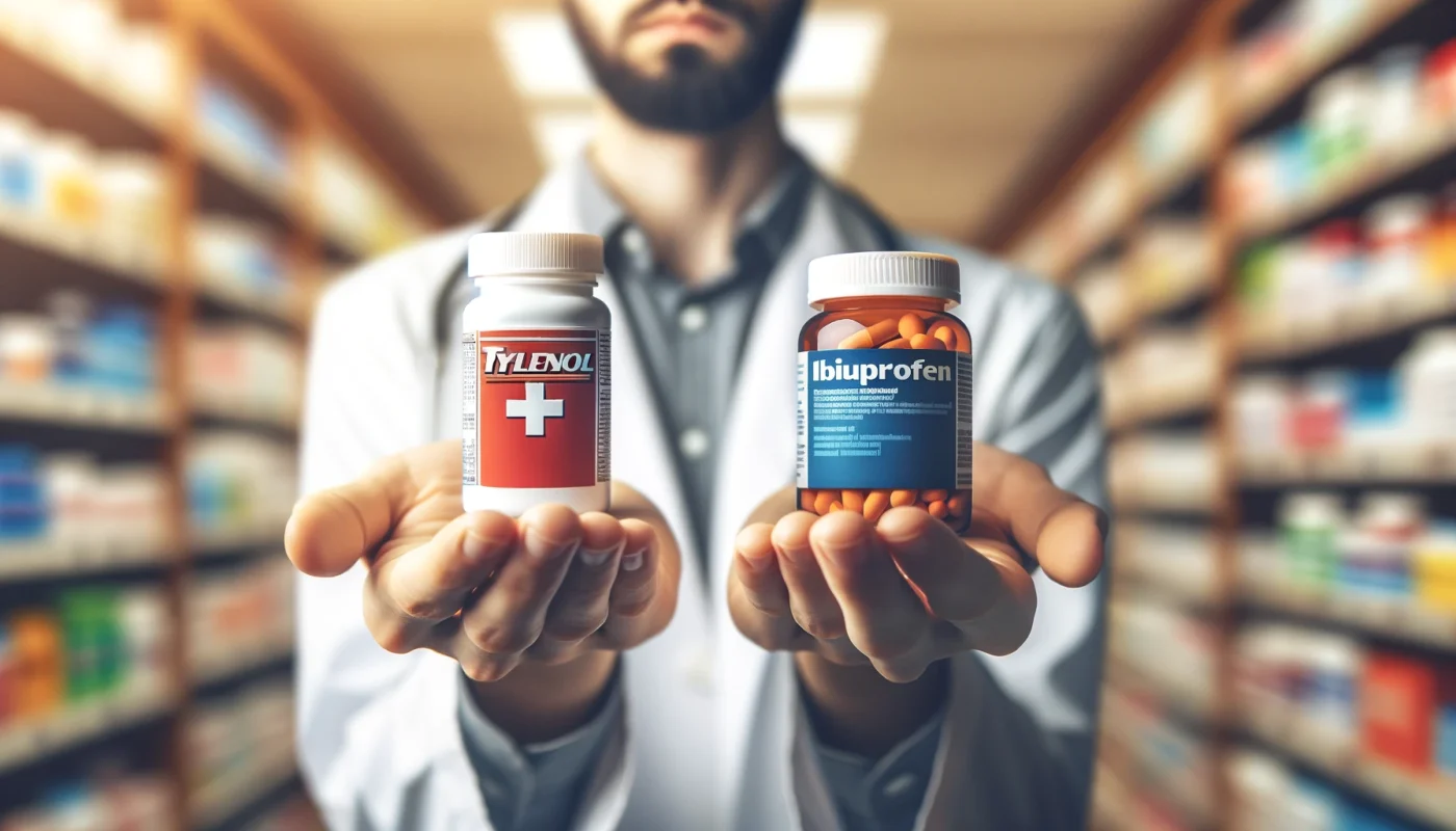 A close-up of a person's hands holding two different pill bottles, one representing Tylenol and the other Ibuprofen, against a blurred pharmacy background. The image conveys the concept of choosing between pain relief medications in a responsible manner.