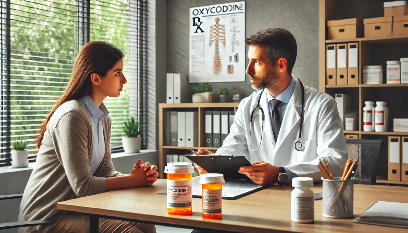  professional doctor consulting with a patient in a modern medical office about the safe usage of oxycodone and Vicodin. The setting is well-lit and features a doctor attentively explaining prescription details while the patient listens carefully. The office includes medical charts and prescription bottles in the background, emphasizing a responsible approach to pain management.