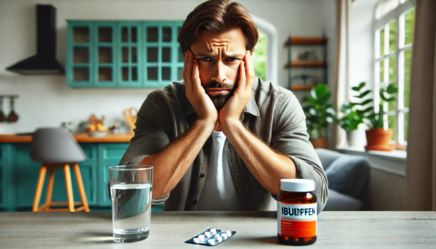 A frustrated person sitting at a table with a bottle of ibuprofen and a glass of water, looking concerned. The setting is a well-lit modern home, with a focus on the concept of ineffective pain relief.