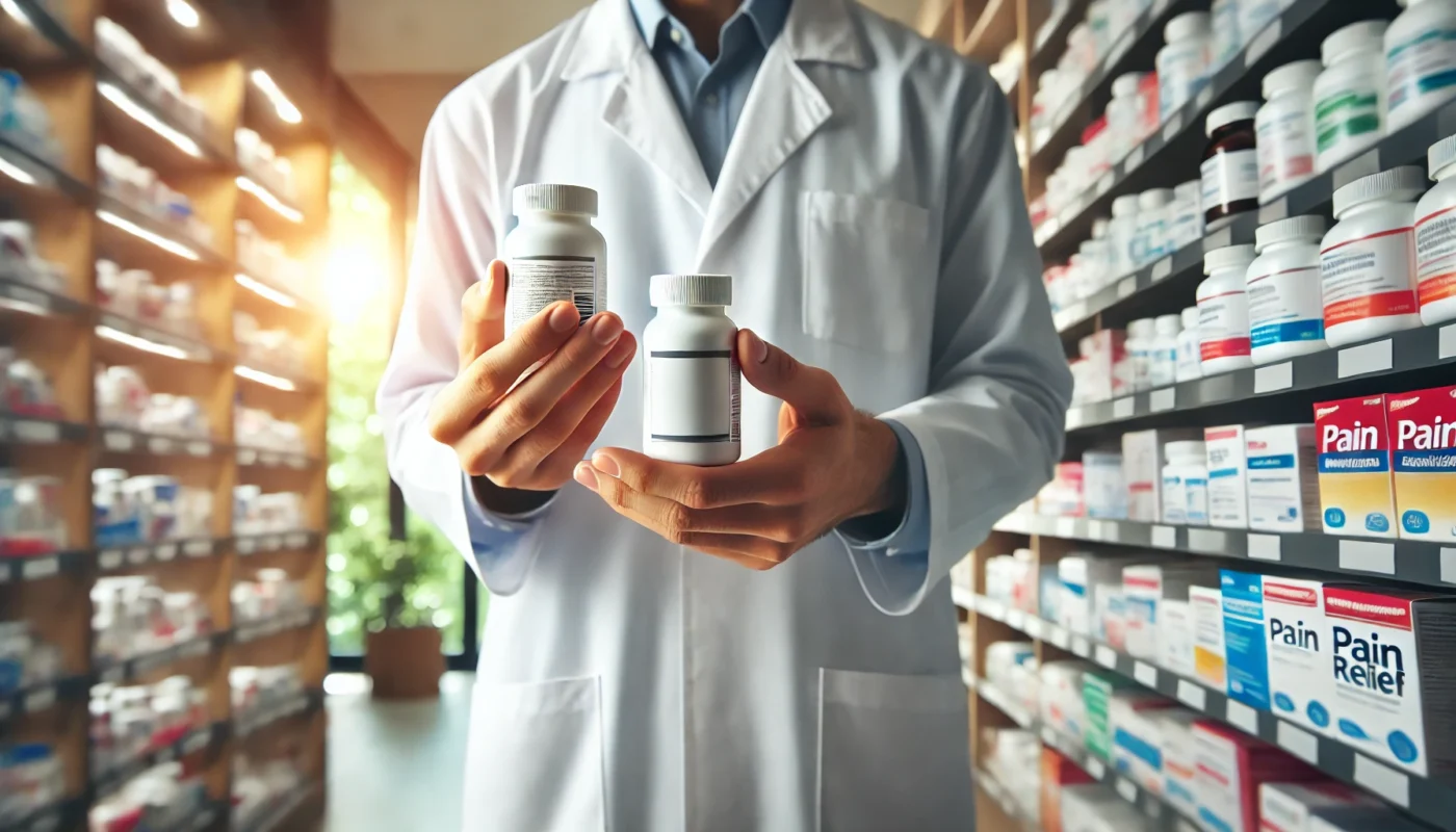 A detailed close-up of a pharmacist's hands holding two different bottles of pain relief medication, carefully examining the labels in a modern pharmacy setting. The background features well-organized shelves stocked with various over-the-counter medications, softly blurred to maintain focus on the pharmacist's hands. The lighting is bright and professional, enhancing the clarity of the scene.