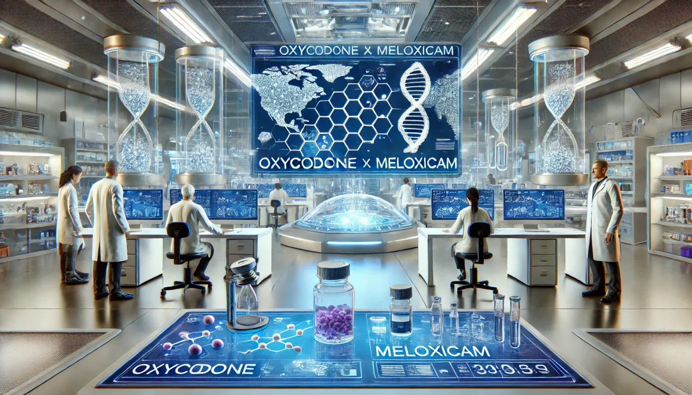 A futuristic medical research laboratory where scientists are analyzing the interactions between oxycodone and meloxicam using advanced technology. The setting includes high-tech equipment, digital screens displaying molecular structures, and a modern sterile environment.