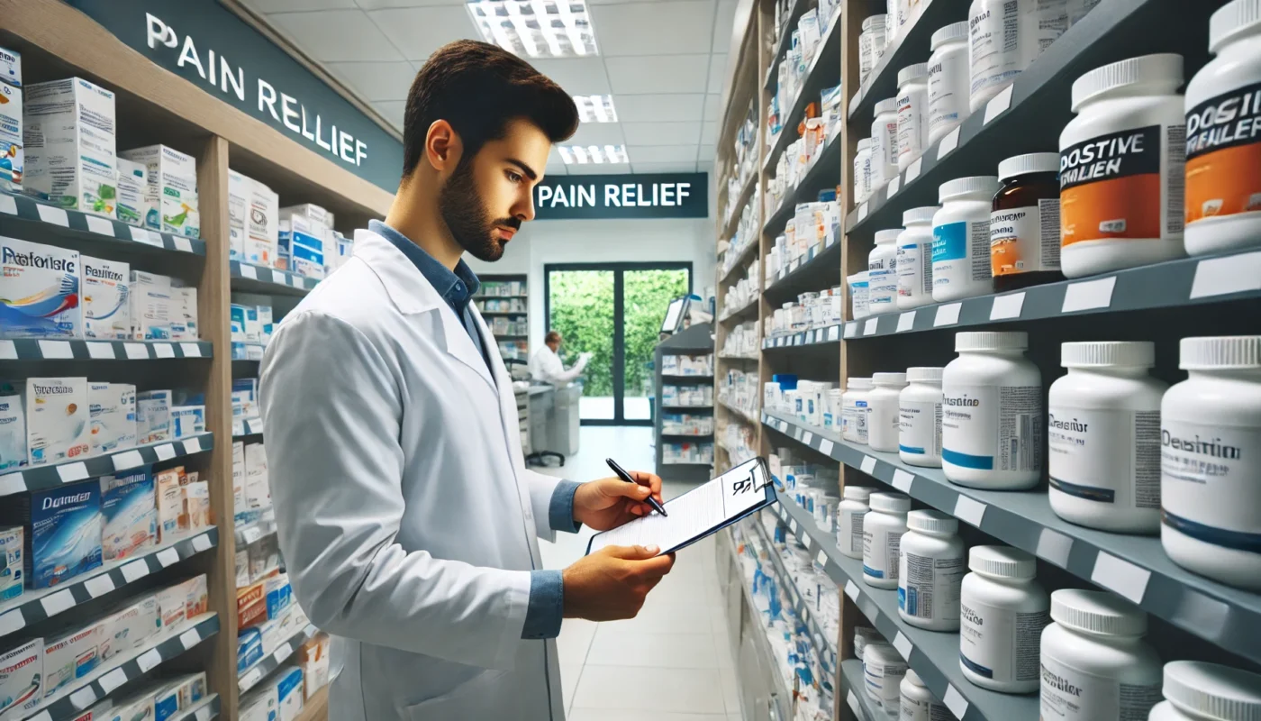  A modern pharmacy setting where a pharmacist is carefully reviewing prescription medication options for digestive pain relief. The well-organized shelves display various pain relief medications, and the pharmacist is wearing a professional white coat while handling a prescription bottle.