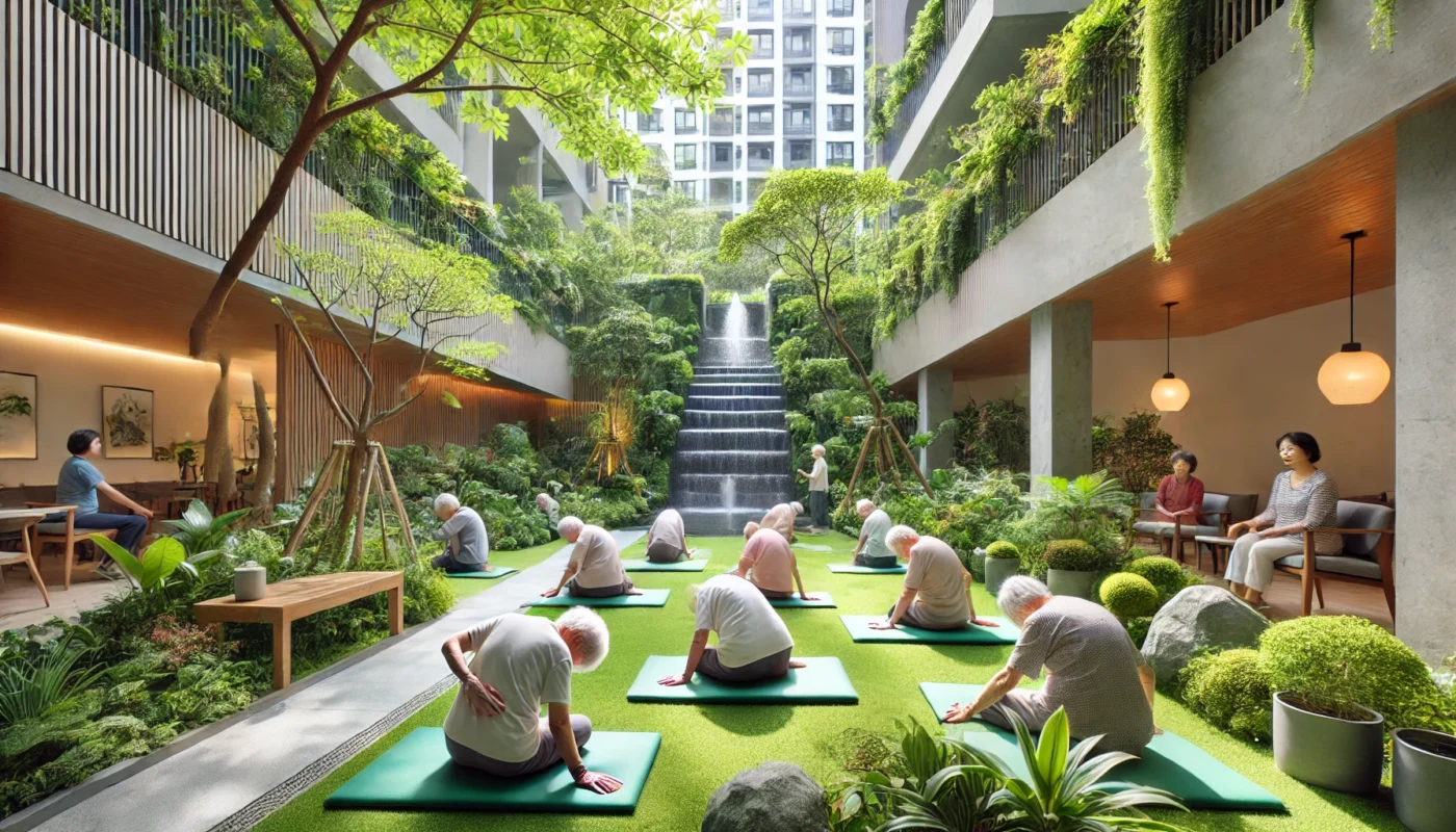 The lush greenery, peaceful fountains, and comfortable seating create a tranquil and healing environment.