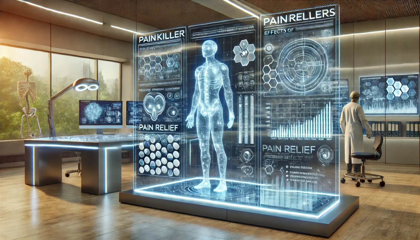 A futuristic medical research lab showcasing a high-tech display analyzing the effects of painkillers in the human body. The scene features digital screens with scientific data and a holographic human anatomy highlighting pain relief areas. The environment is modern, with advanced medical technology and a clinical atmosphere.