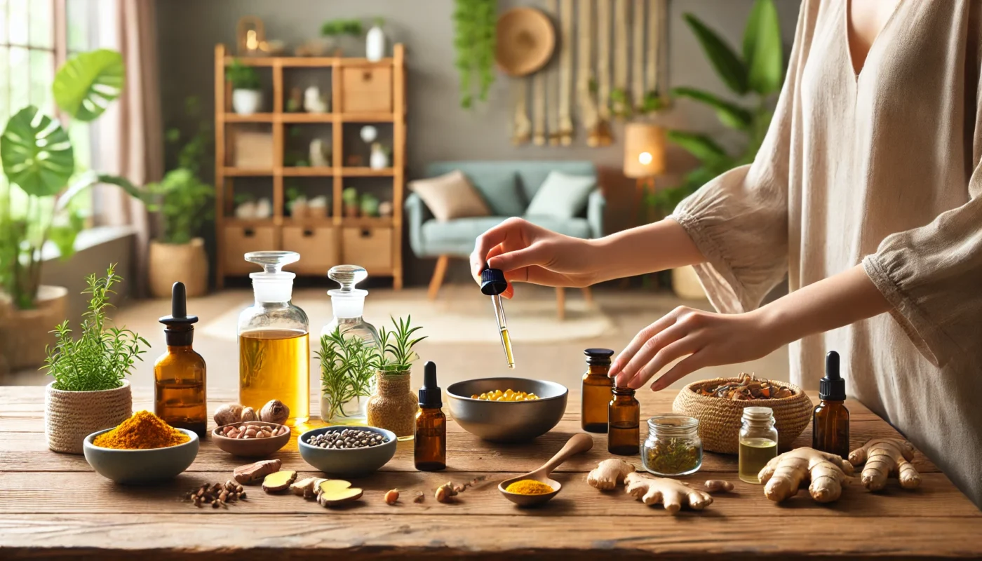 A peaceful wellness setting featuring a selection of natural NSAID alternatives. A wooden table holds various herbal remedies, including turmeric, ginger, and willow bark, alongside small glass jars of essential oils. A person is carefully measuring a liquid extract with a dropper. The background features a calming indoor space with plants and soft natural lighting, evoking a sense of relaxation and holistic healing.