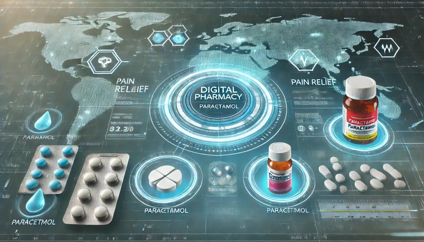 A futuristic digital pharmacy interface displaying pain relief medications, including paracetamol, with a high-tech and clean aesthetic.