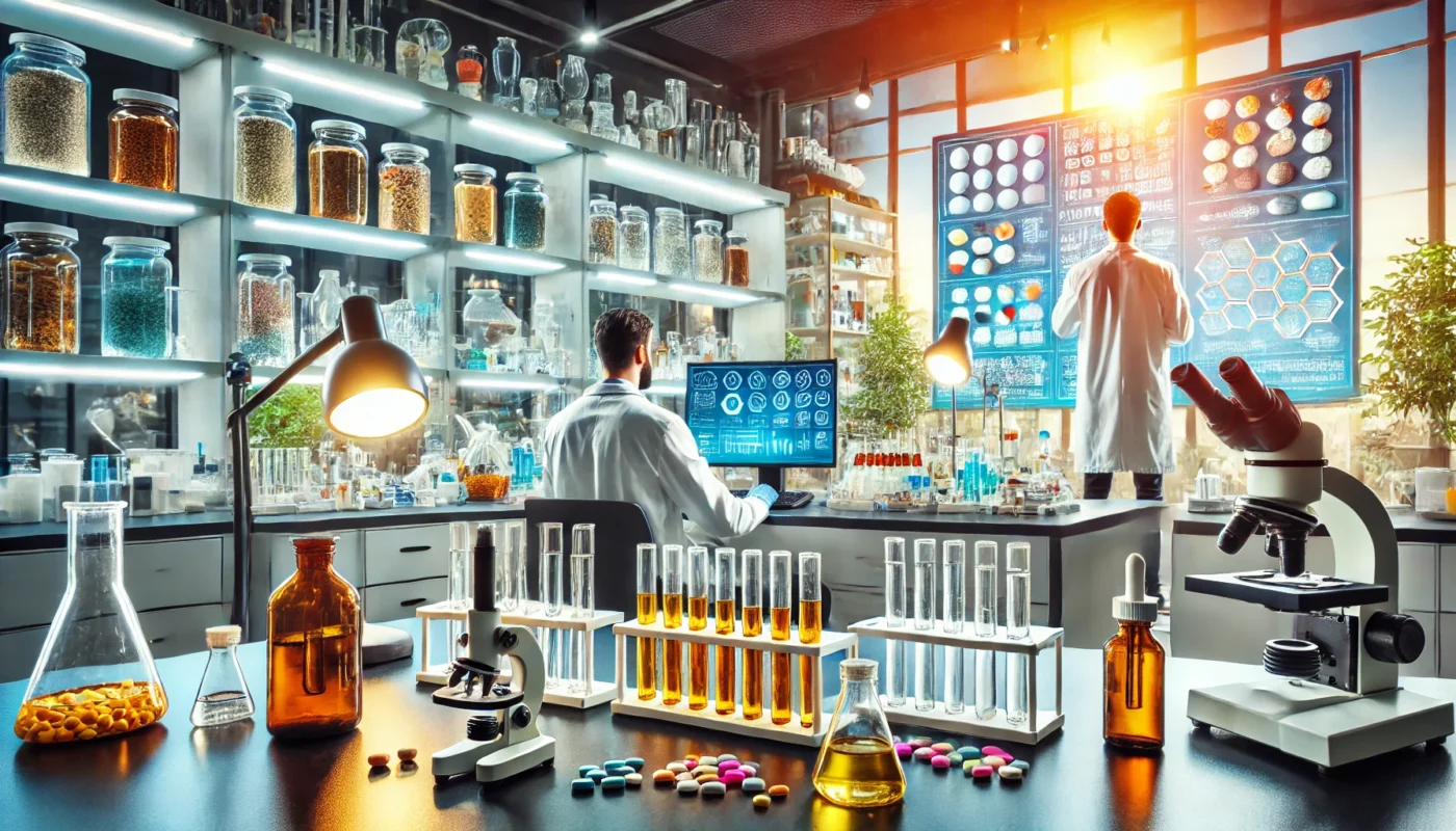 "A modern pharmaceutical lab where scientists are analyzing various narcotic medications under bright laboratory lighting. The setting includes advanced lab equipment, pill bottles, and chemical analysis tools."