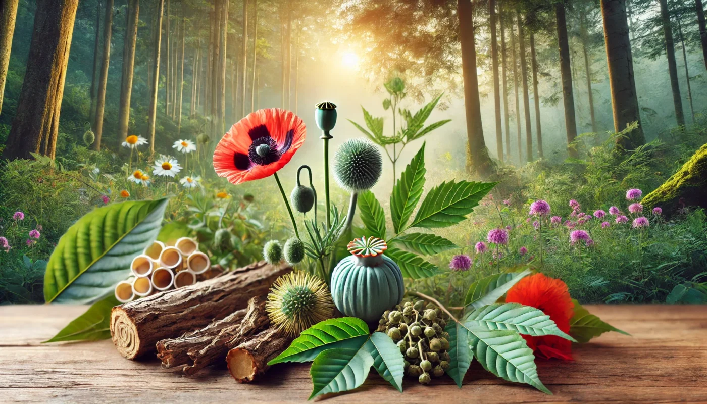 A peaceful natural landscape featuring a variety of medicinal plants used for natural opioid alternatives in pain management. The scene includes wild poppy flowers, kratom leaves, and willow bark set against a tranquil forest background, symbolizing holistic healing and natural remedies.