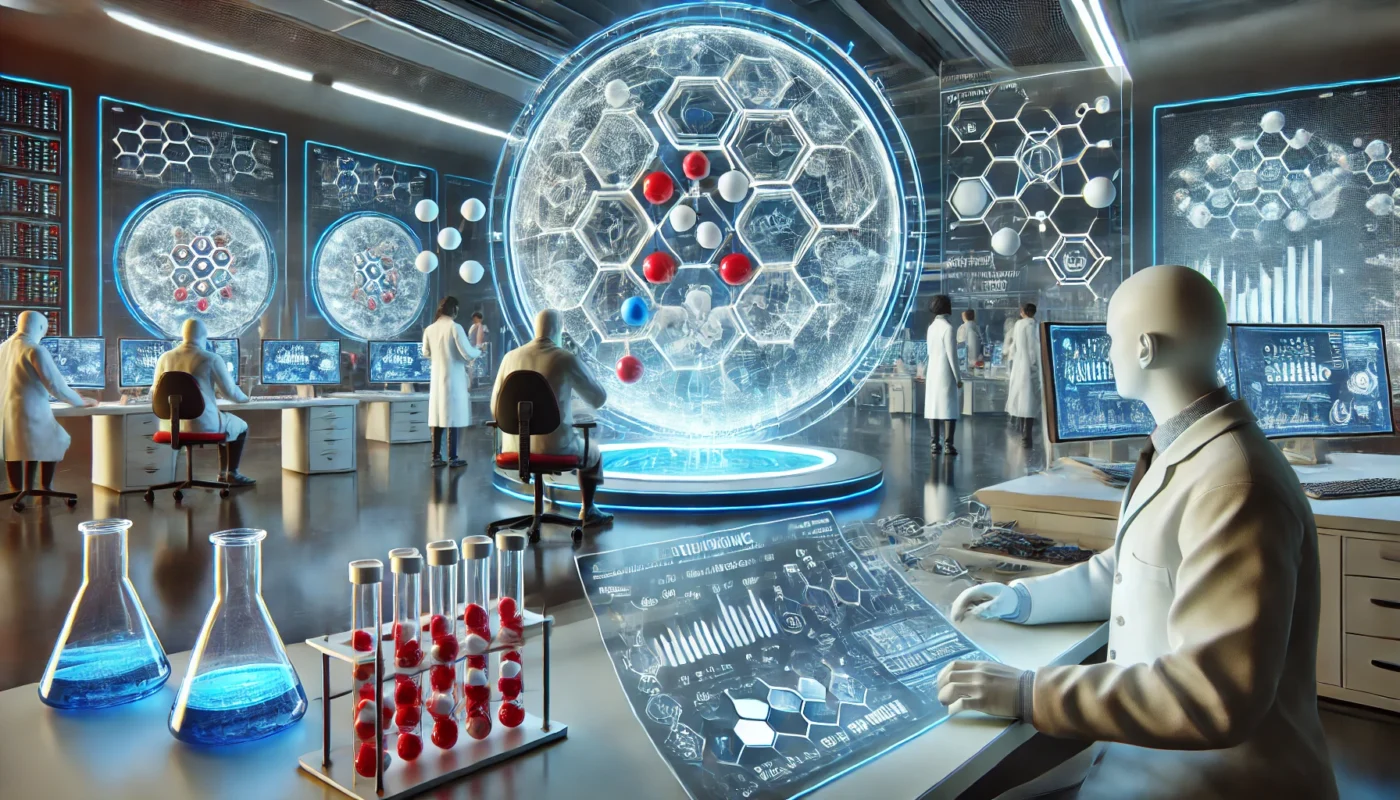 A futuristic medical research facility where scientists are analyzing the effects of methamphetamine and opioids. The lab is equipped with advanced technology, digital monitors displaying molecular structures, and researchers in lab coats carefully studying chemical compositions.