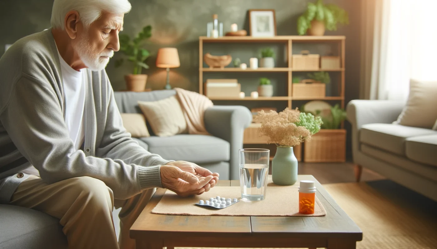 A serene home environment where an elderly person is sitting comfortably with a glass of water and medication for arthritis pain relief. The room is well-lit with soft furnishings, a cozy chair, and a calm atmosphere, emphasizing comfort and wellness.