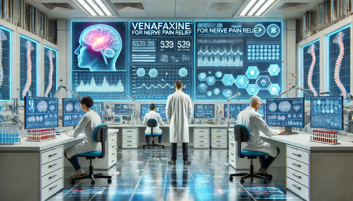 A high-tech pharmaceutical research facility where scientists are analyzing the effects of Venlafaxine for nerve pain relief. The setting includes advanced medical equipment, digital monitors displaying neurological data, and a team of researchers in lab coats conducting experiments.