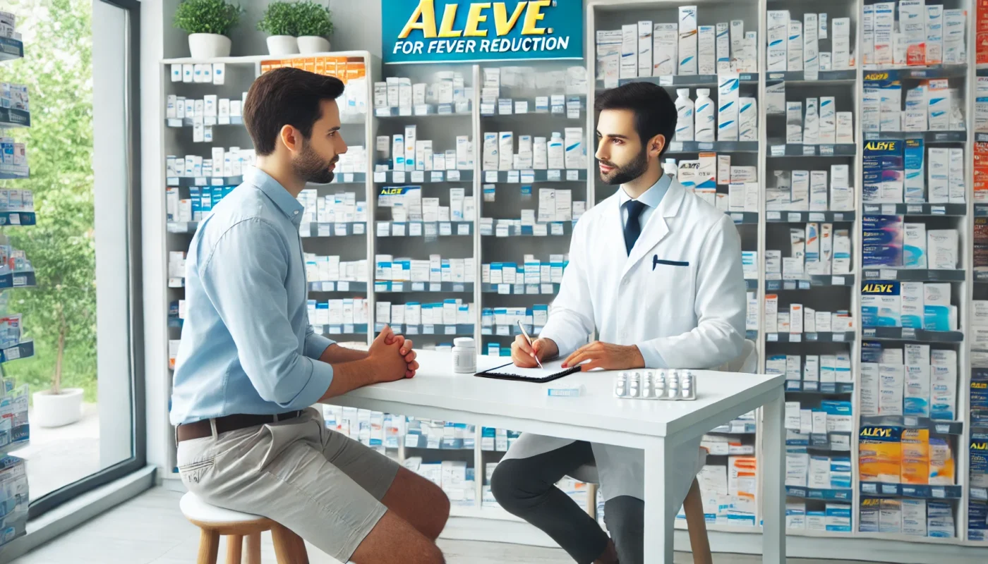 A modern pharmacy setting where a pharmacist is carefully explaining the effects of Aleve for fever reduction to a patient. The pharmacy shelves are neatly organized with various medications, and the pharmacist is engaged in a professional consultation. The setting is bright and clean, ensuring a sense of trust and medical accuracy.