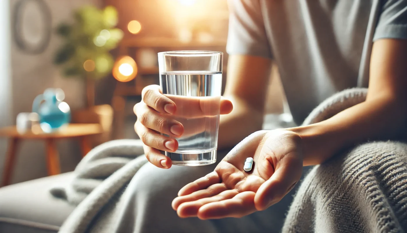 A close-up of a patient's hand holding a glass of water and a pill, symbolizing pain relief after surgery. The background features a comfortable home recovery setting with soft lighting.