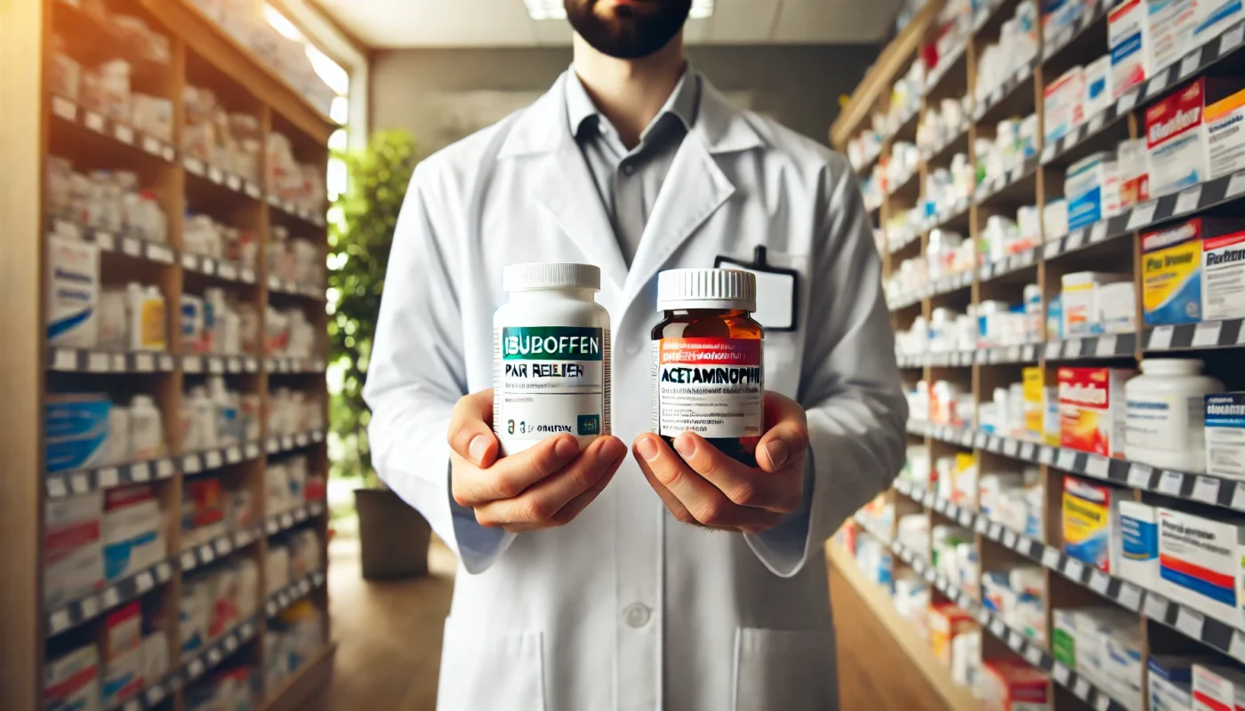 A close-up of a pharmacist holding two different bottles of pain relief medication, one representing ibuprofen and the other acetaminophen, in a well-lit pharmacy setting. The background showcases a neatly organized shelf filled with various over-the-counter medications. The image conveys a sense of professionalism and informed healthcare choices.