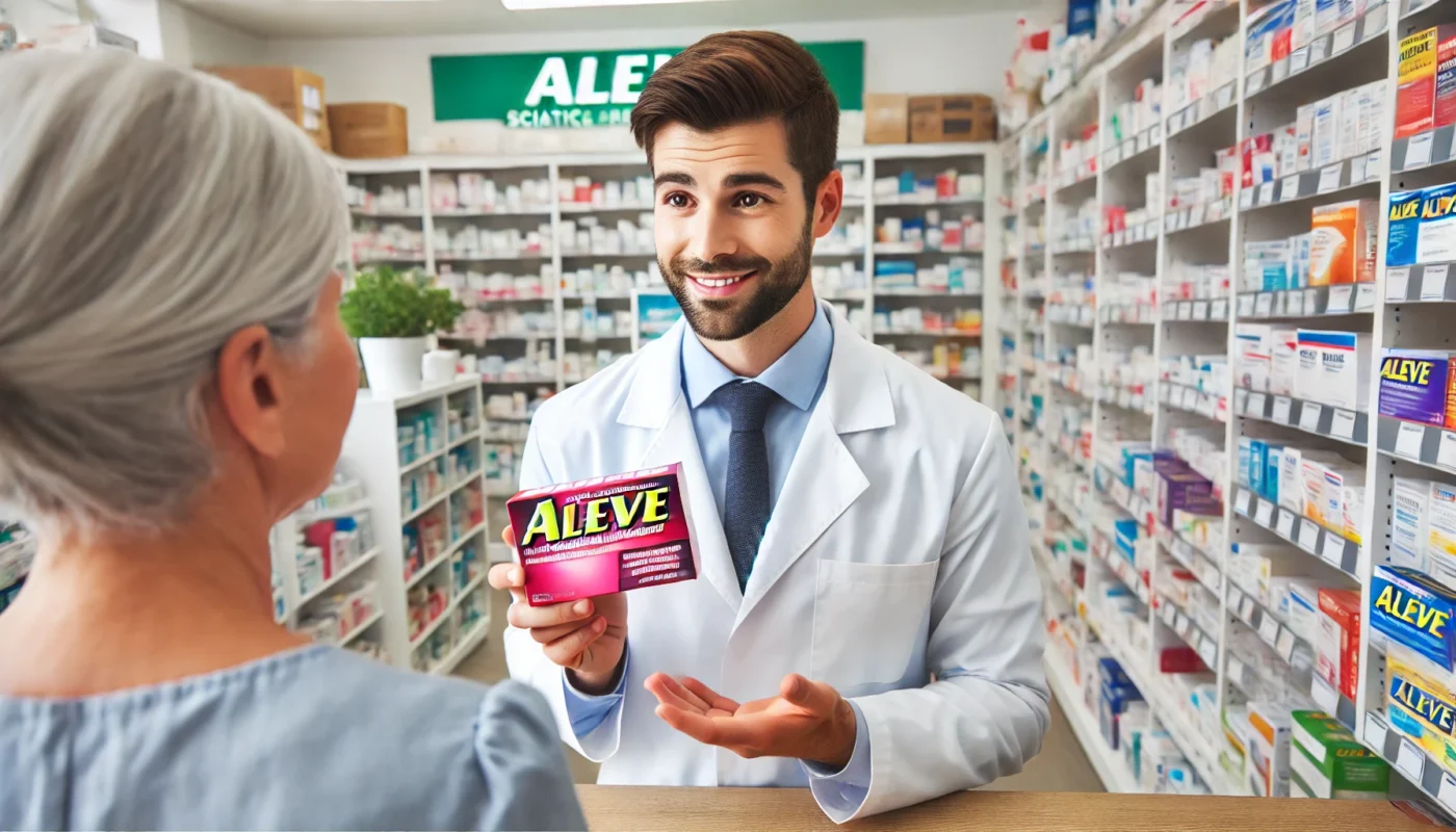 A professional pharmacist in a modern pharmacy holding a box of Aleve and explaining its use for sciatica pain relief to a customer. The background features well-organized shelves stocked with various medications.